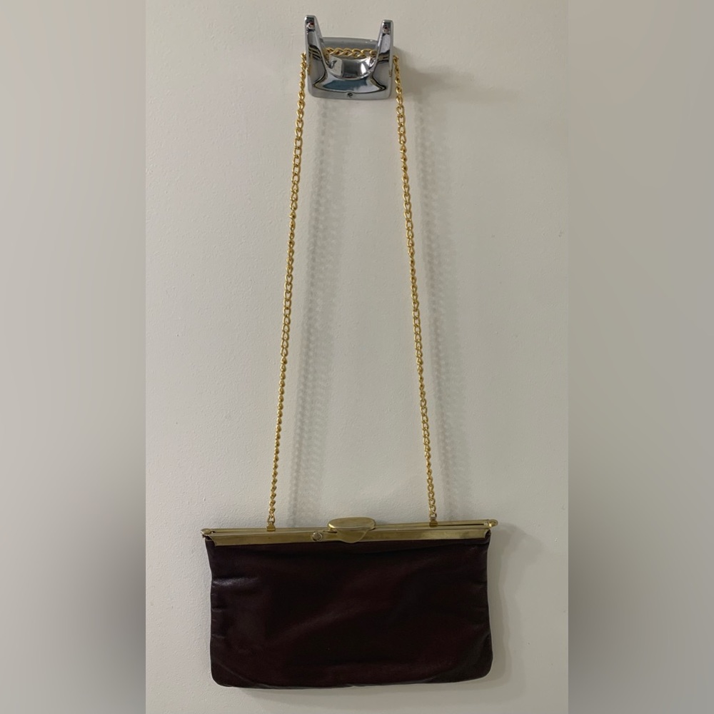 Vintage Dark Brown Leather Clutch Gold Trim with Chain Drop , pre-owned